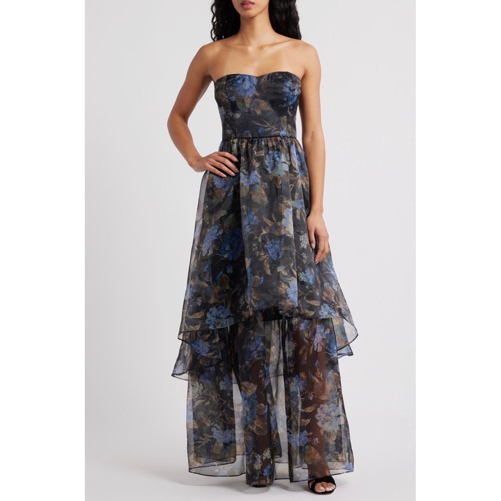 Lulus Marie Women's Black Floral Strapless Tiered Maxi Dress M Formal Romantic